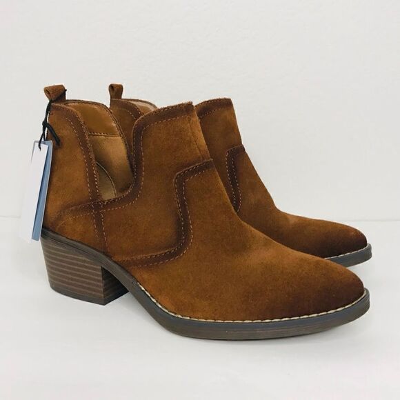 New! Sonoma Genuine Leather Suede Western Woodcut Chunky Block Heel Ankle Boots - Picture 2 of 12